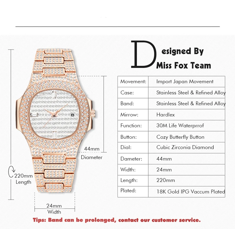 Missfox Роскошные мужские часы Patek, часы из розового золота, уникальные водонепроницаемые кварцевые часы для мужчин, мужские часы с календарем, хронограф, бриллиантовая сталь