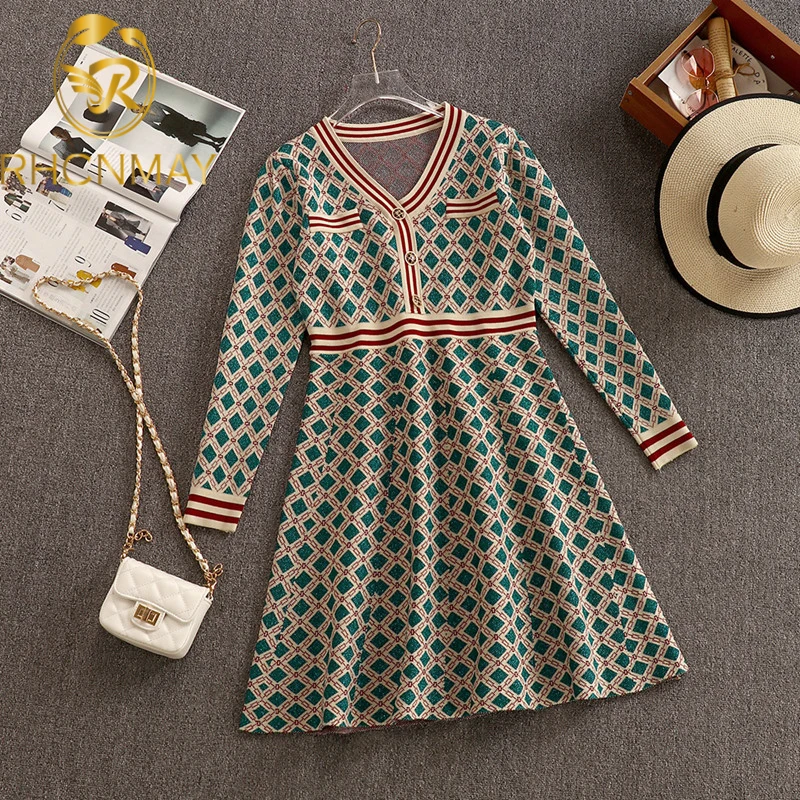 

2020 New Designer Fashion Autumn Winter Dress Women V Neck Long Sleeve Geometric Patterns Aline Knit Sweater Dress Casual