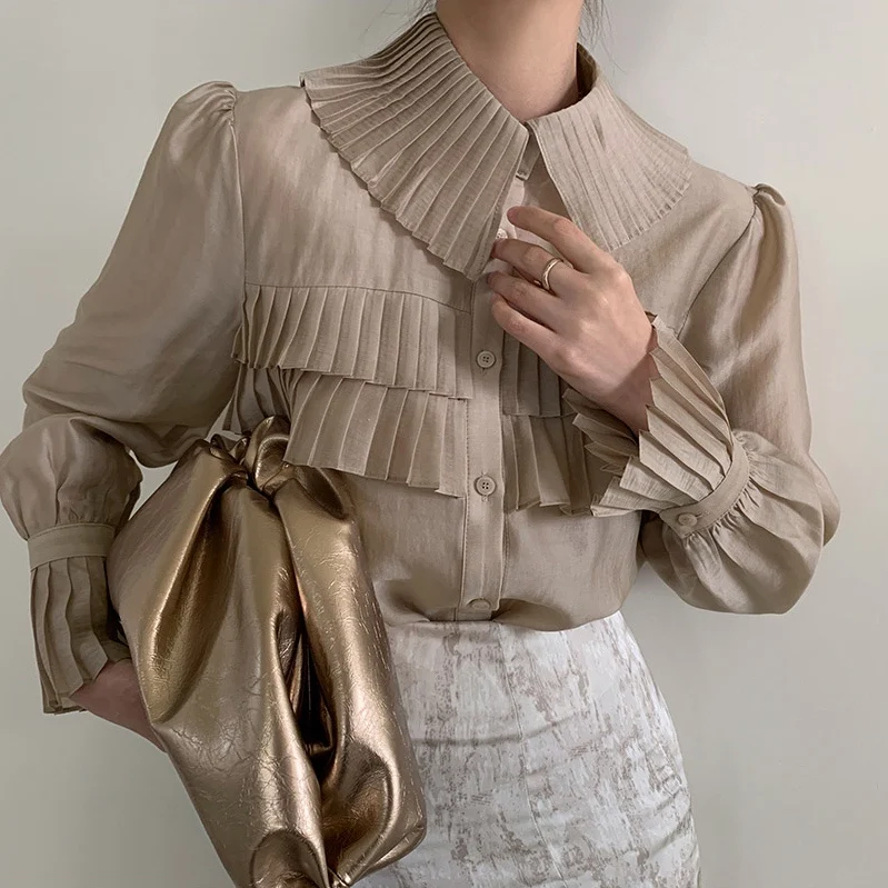 

Elegant Korean Style Shirts Solid Color Blusa Single Breasted Long Sleeve Tops Pleated Design Turn Down Collar Blusas 716C