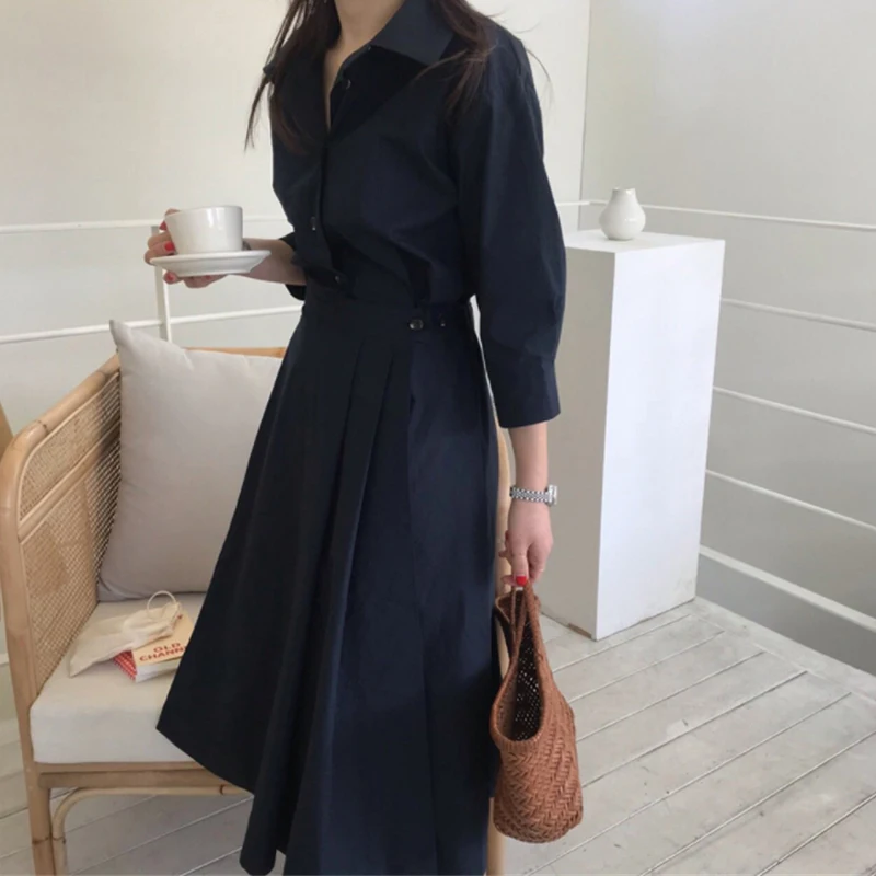 Платье BGTEEVER женское однобортное с длинным рукавом повседневное минималистское