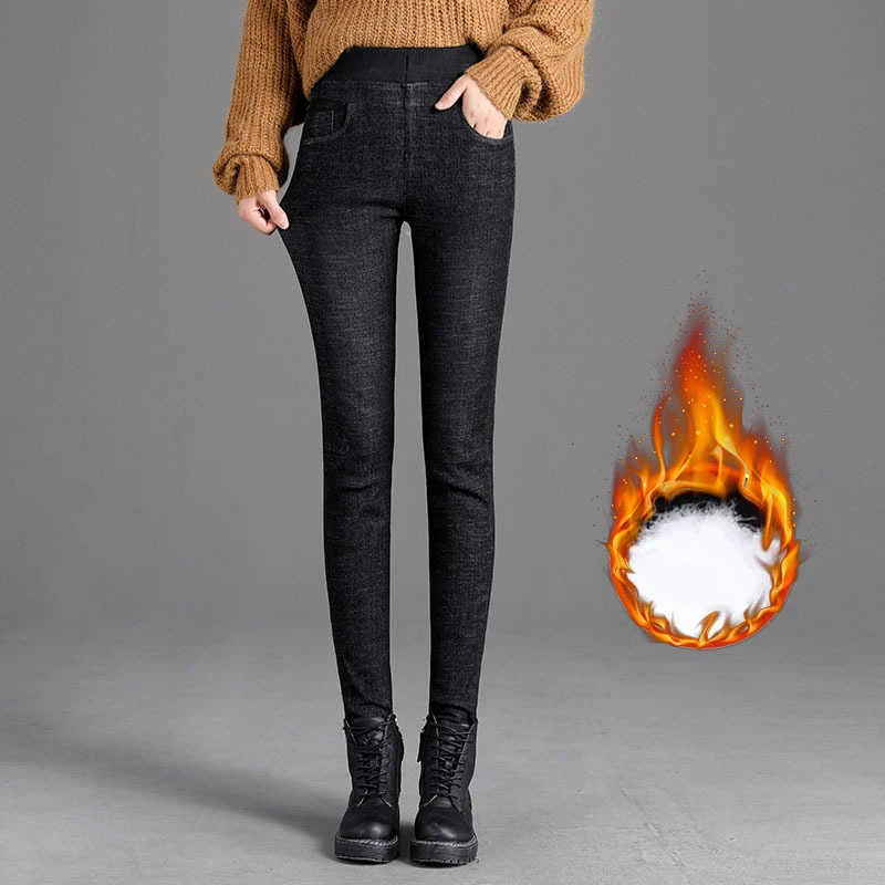 

LIBERJOG Woman Down Jeans Winter Thickening Slim Elastic Two-sided Keep Warm Denim Pencile Pants Female