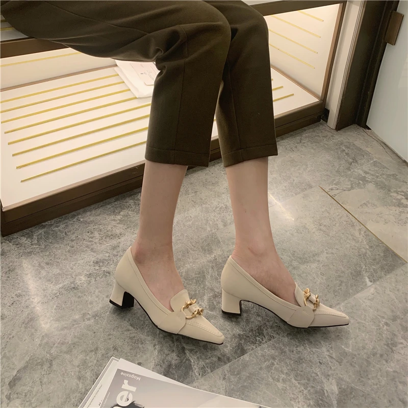Boussac Metal Buckle High Heels Women Pumps Med Thick Heel Office Ladies Shoes Slip on Designer SWB0279 | Обувь