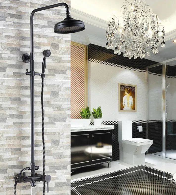 

Black Oil Rubbed Brass Single Handle Bathroom 8 Inch Round Rain Shower Faucet Set Bath Tub Mixer Tap Hand Shower mrs044