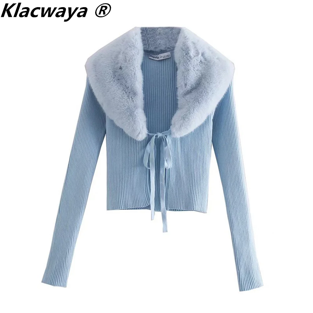 Klacwaya Cardigans For Women 2021 Vintage Faux Fur Effect Fur Collar Knitted Sweater Long Sleeve Top Blue Sweater Knit Cardigan images - 6