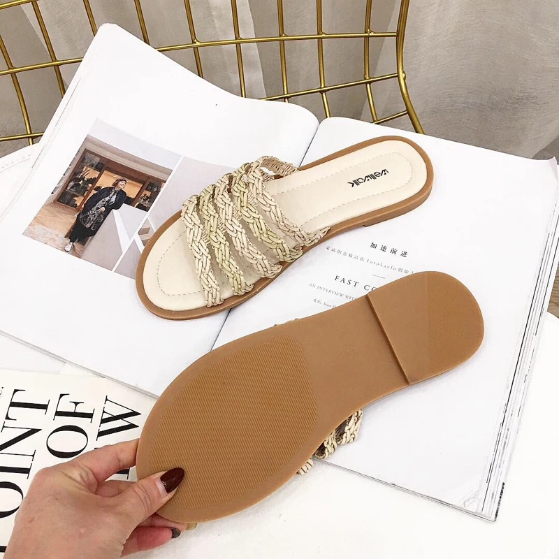 Стильные женские тапочки летние шлепанцы Модные Тканые из тростникового