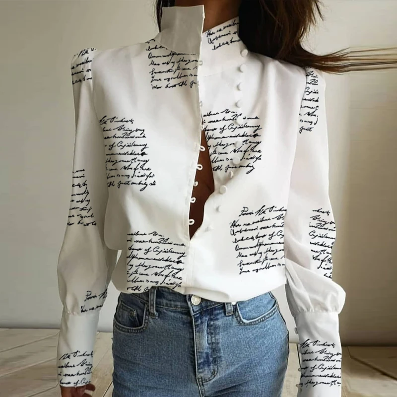 G1181 Letter Print Рубашки для женщин с буквенным принтом, на пуговицах, со стоячим воротником, новые модные женские белые блузки, 3XL, блузы с длинным рукавом и цепочкой размера плюс, M0303 - Цвет: G1181 Letter Print