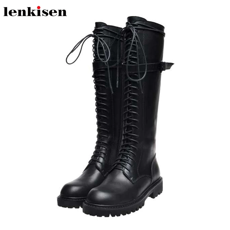 Online Lenkisen Gaya Eropa Tampan Kulit Sapi Knight Boots Renda Up Hitam Warna Putaran Kaki Fashion Wanita Hangat Paha Tinggi Sepatu Bot L68