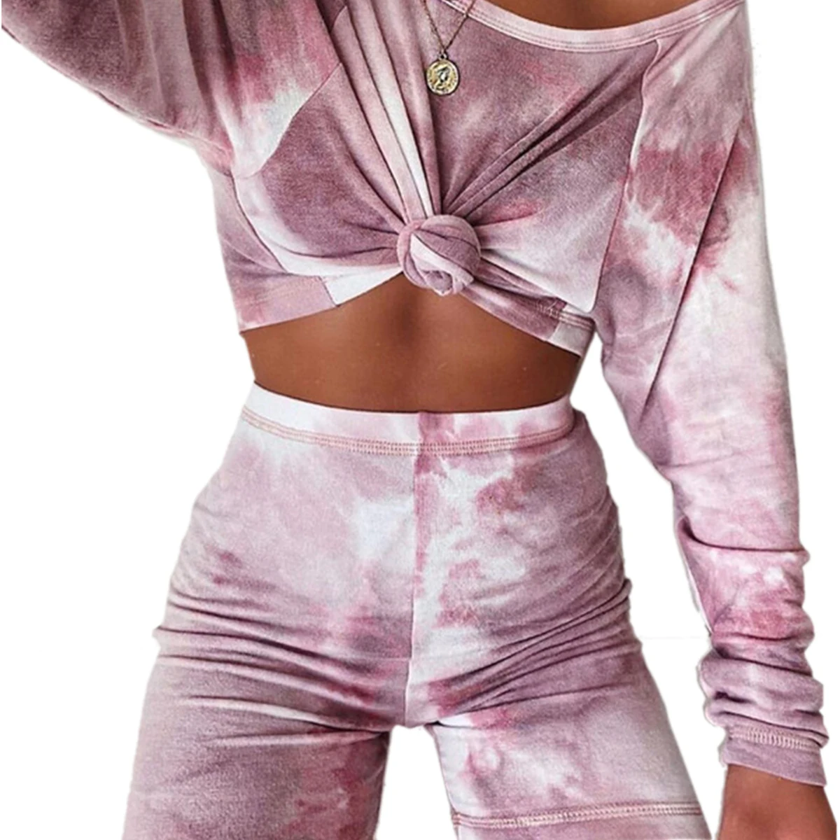 

Summer Women Set 2020 Tie Dye Long Sleeve Crop Top Shirt Loose and Mini Biker Shorts Casual Two Piece Sets Outfits Sport