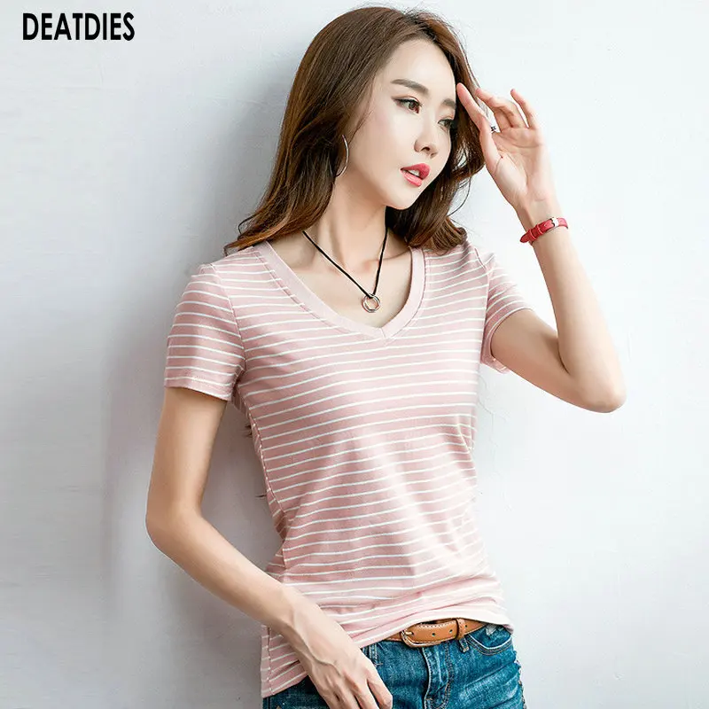 

2020 New Casual Striped T Shirt Women Tops V-Neck Plus Size Tshirt Women Shirts Spring Summer Short Sleeve Tee Shirt Femme