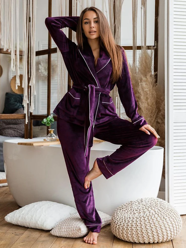 

Solid Color Women's Pajamas Robe Sets Pocket Sleepwear Women Pajama Velvet Nightgown Trouser Suits Warm Bathrobes Velour Nightie