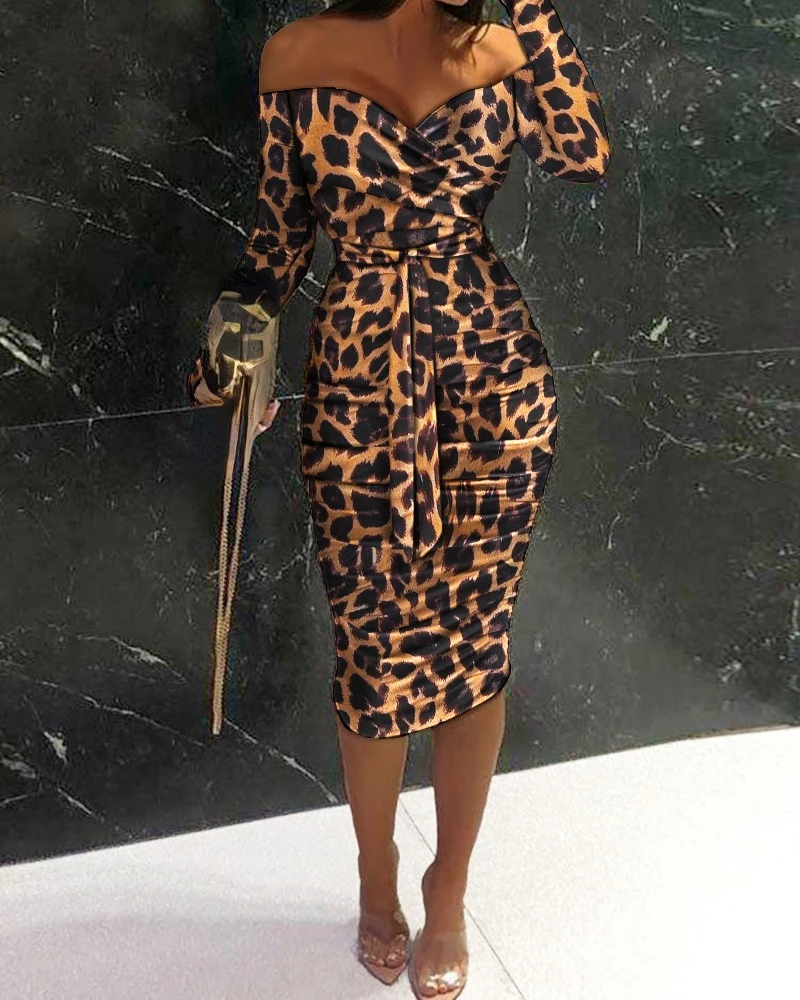 

2021 Fall new style Women's fashion Off Shoulder Ruched Design Belted Long Sleeve Sexy Midi V Neck Night Club Party Dress