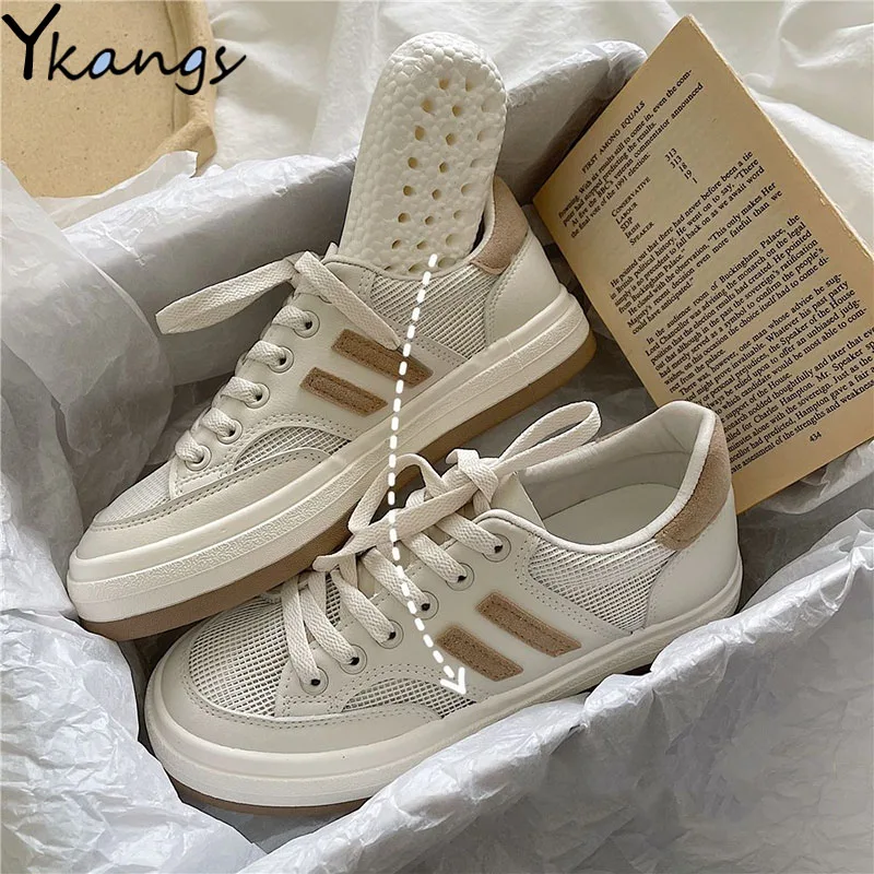

PU Leather Mesh Stitching White Shoes Summer All-match Breathable Low-top Women Sneakers New Lace-up Ladies Flat Vulcanize Shoes