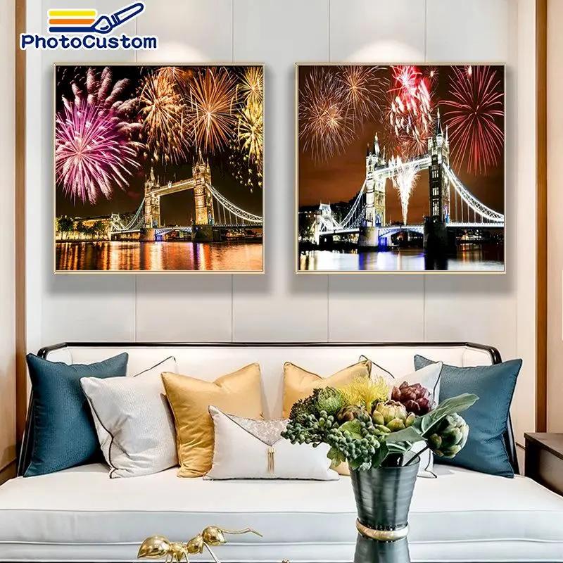 

PhotoCustom fireworks Oil Painting By Numbers Landscape For Adults Children Paint picture By Number wall decor Framed On Canvas