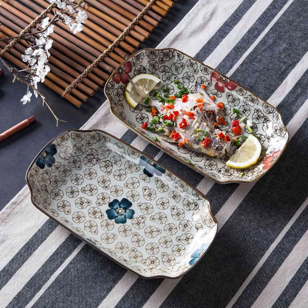 Керамическая тарелка ручной росписи в японском стиле прямоугольная столовая