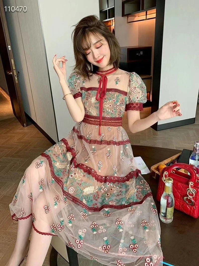 

Bohemian Flower Embroidered Dress Casual Floral Dresses Short Sleeves Lace Long Dress