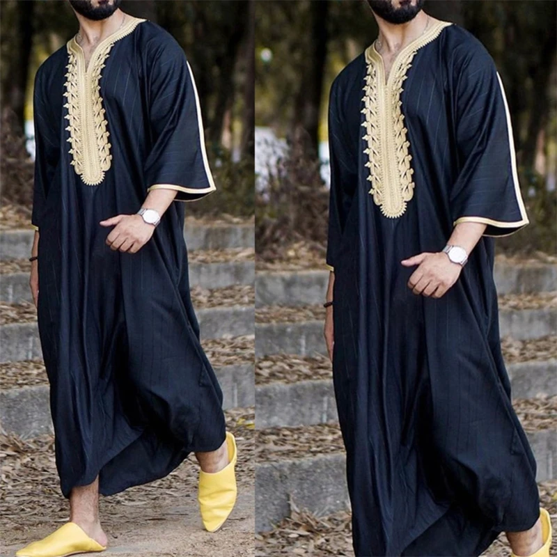 

Muslim Men Jubba Thobe Long Sleeve Islamic Clothing Embroidery V-Neck Kimono Long Robe Abaya Caftan Dubai Arab Loose Dress Shirt