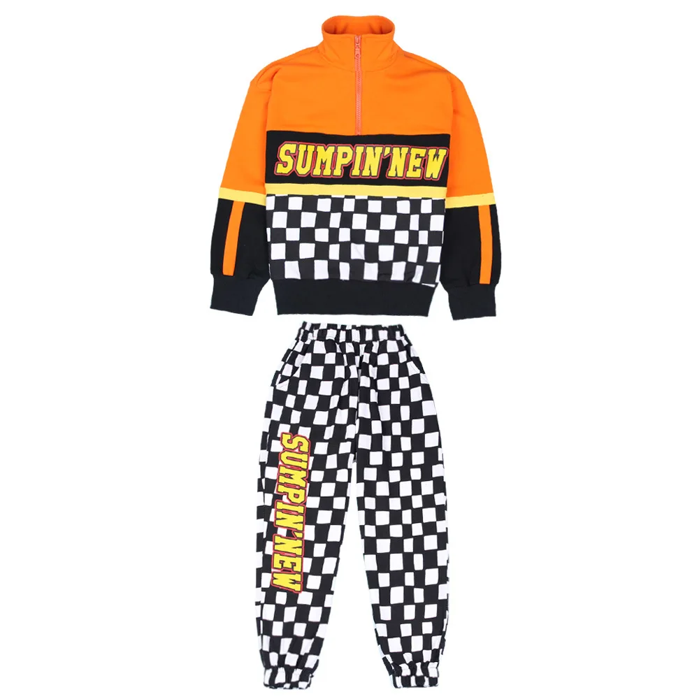 

2020 New Hip Hop Costumes Children Street Dance Clothes Kids Modern Outfit Stage Performance Wear Plaid Long Sleeve Top Pants