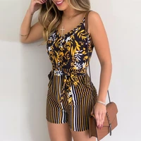 2021 v neck suspender fashion leaf print lace up jumpsuits women splicing chiffon wide leg playsuits casual floral rompers boho