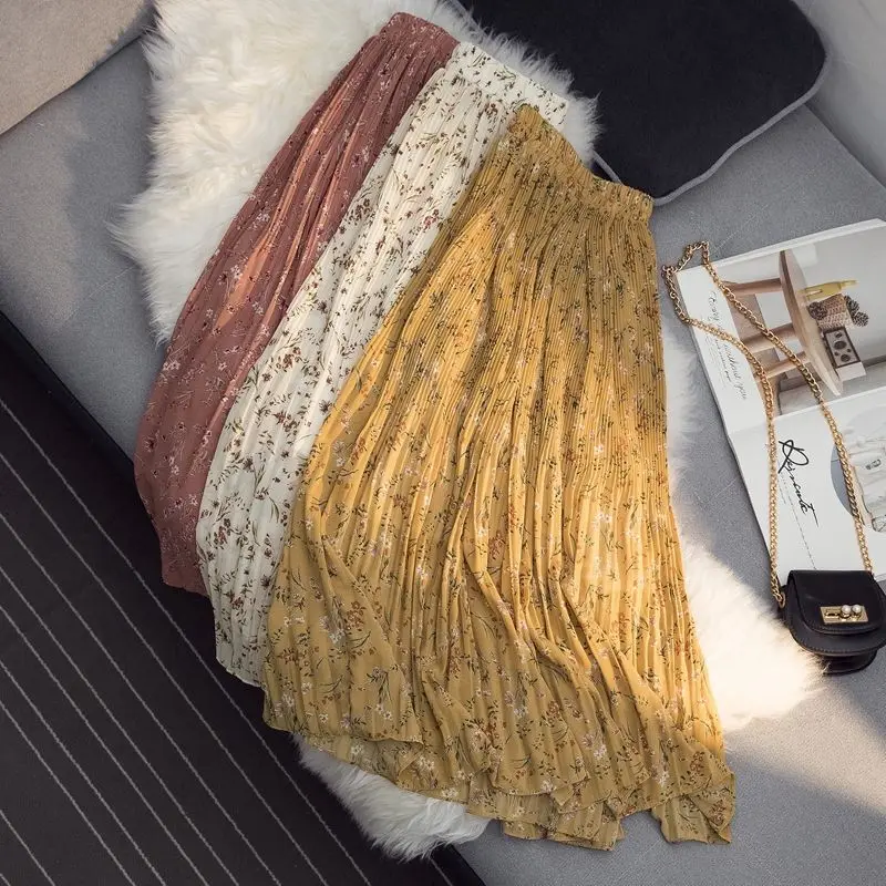 Женская шифоновая юбка средней длины плиссированная с высокой талией и