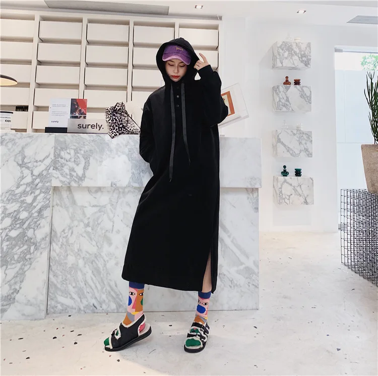 [EWQ] одноцветная длинная свободная толстовка с пряжкой на пуговицах 2019 осень зима