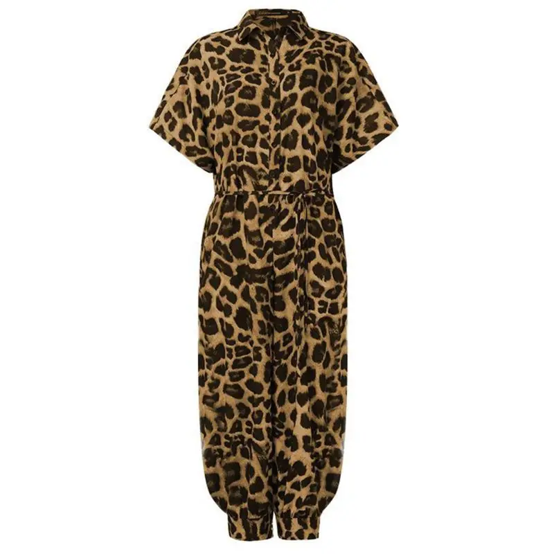 

Women Short Sleeve Harem Pants Jumpsuit Sexy Button Front Leopard Loose Rompers New 2021