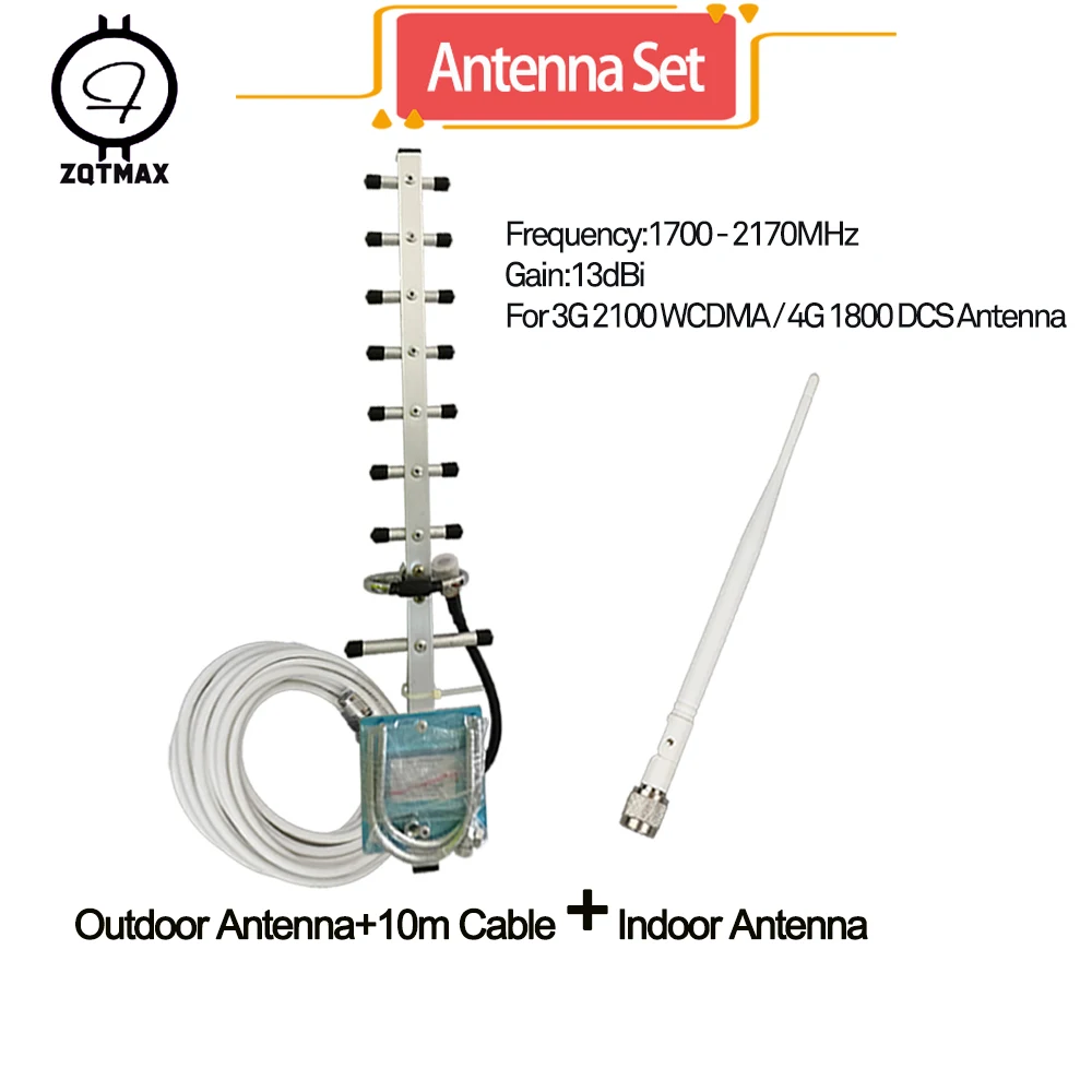 

ZQTMAX 13dbi yagi antenna for 2100MHz 3g repeater 2g 4g 1800MHz mobile signal amplifier UMTS LTE dcs signal booster + 10m cable