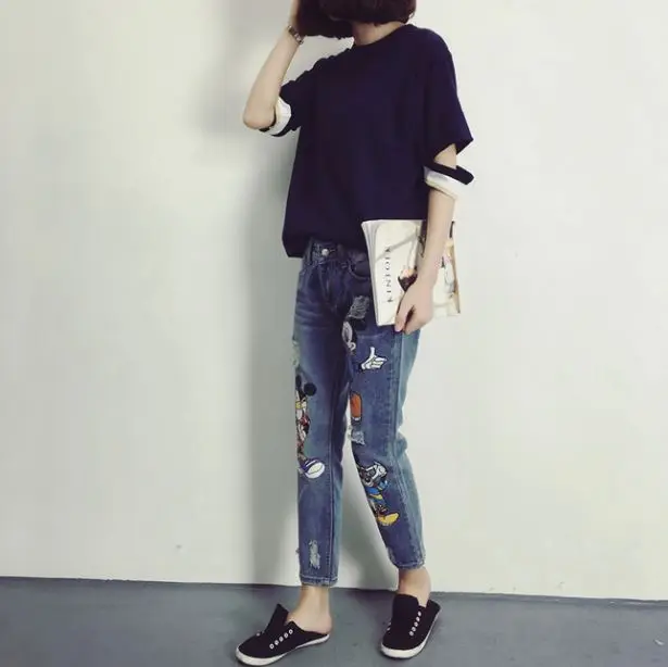 Женские джинсы корейские женские весна лето новые Мультяшные свободные Bf