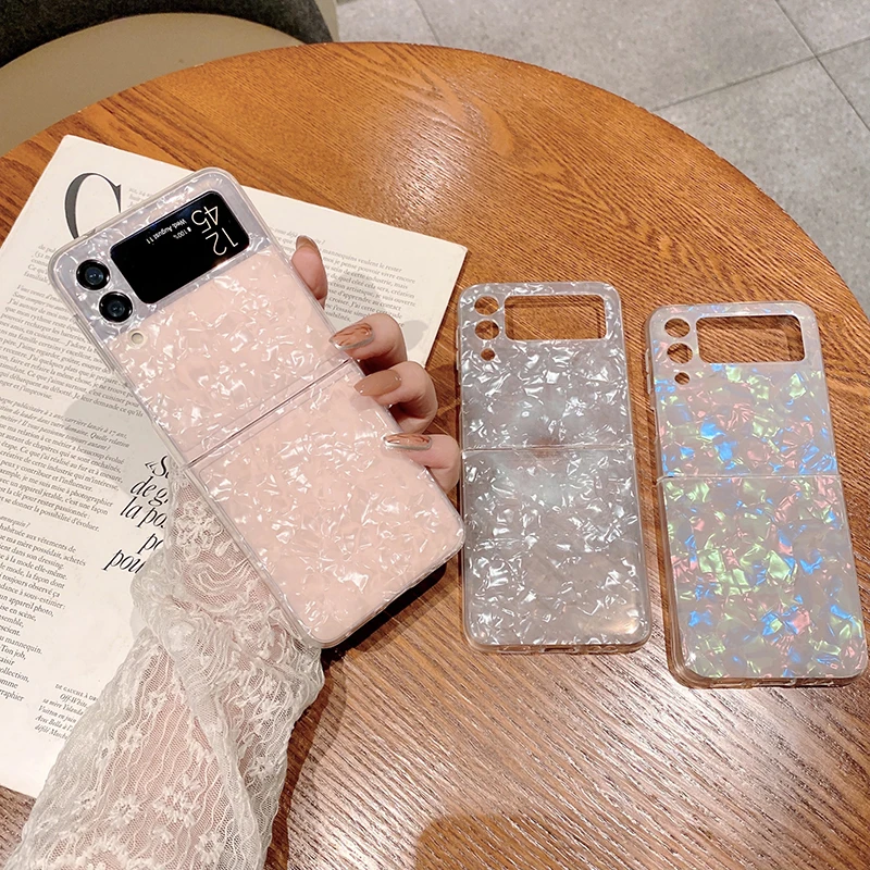 

Glitter Colorful Dreamy Conch Shell Pattern Phone Case For Samsung Galaxy Z Flip 4 3 5G Glossy Marble IMD Silicone Soft Cover