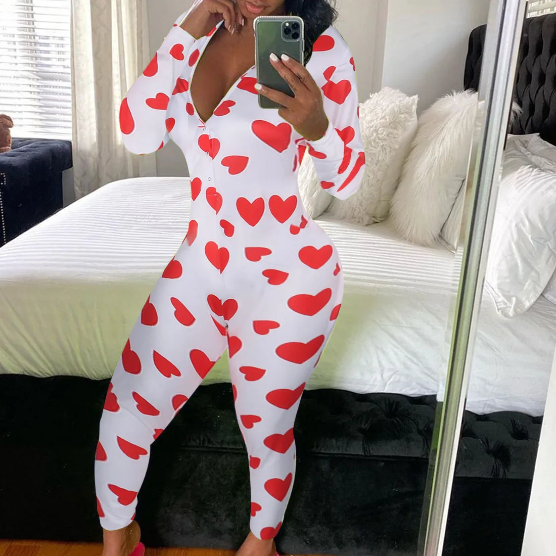 

Valentine's Day Womens Sexy Print Home Onesies Jumpsuit Sleepwear Long Sleeve Bodycon Bodysuit Romper Trousers Pajamas One Piece