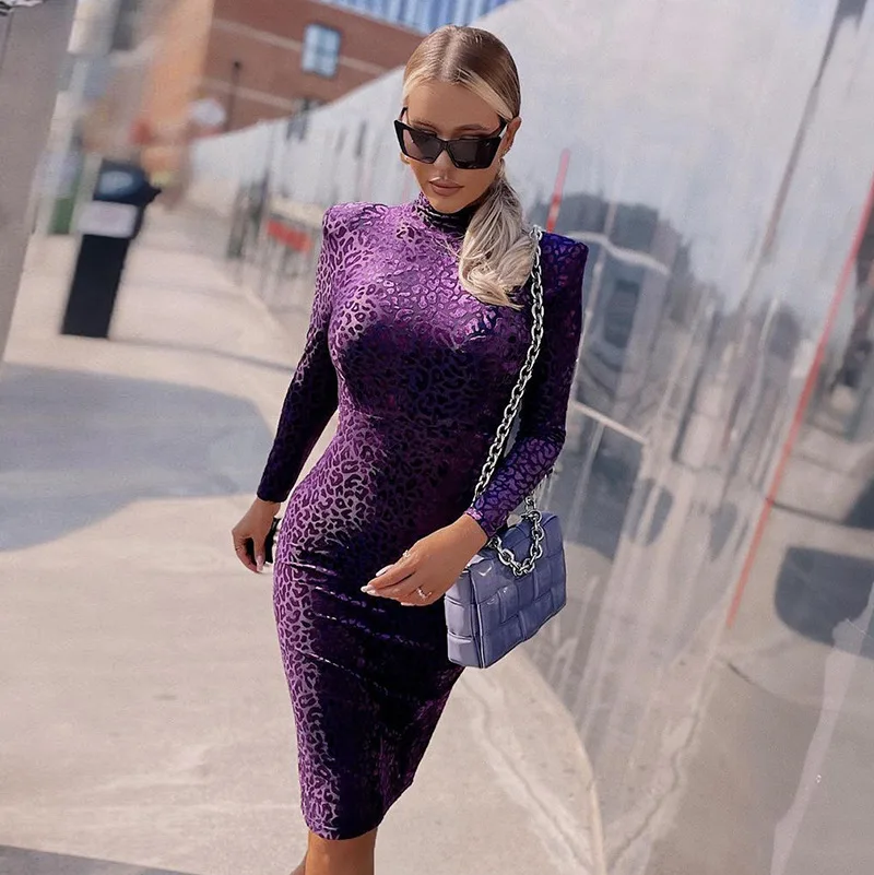 

vestidos elegantes para mujer Women long sleeve mesh flocking purple leopard dress High waist midi bodycon dresses for women