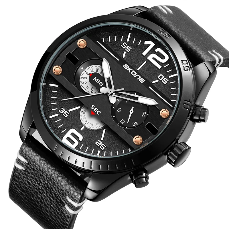 Часы SKONE Мужские кварцевые с большим циферблатом спортивные водонепроницаемость