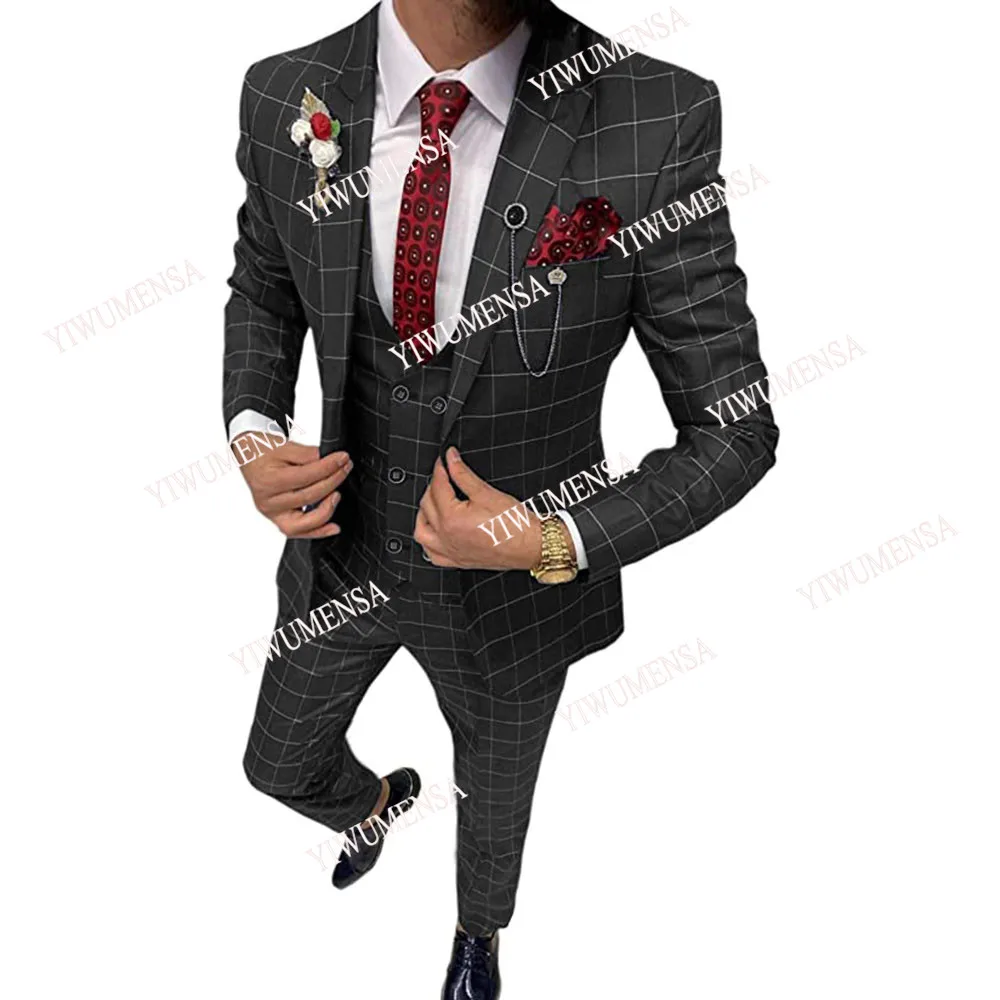 

2021 Tailor-Made Plaid Slim Fit 3 Pieces Mens Suits Tuxedos For Wedding Groomsmen (Blazer+Vest+Pants) Prom Party Business Gowns
