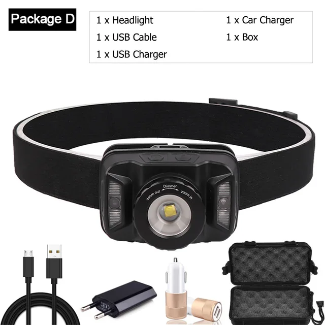 Package D 8000лм мощный налобный фонарь 6* COB+ светодиодный красный L светильник с датчиком движения руки, головной светильник, головной светильник, Водонепроницаемый зум, велосипедный светильник для кемпинга - Испускаемый цвет: Package D
