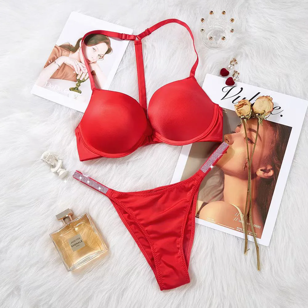 

2021 NEW Women Underwear Set Brand Design Sexy Rhinestone Lingerie Adjusted-Straps Beauty Back Briefs Push Up Bra Sets Ladies