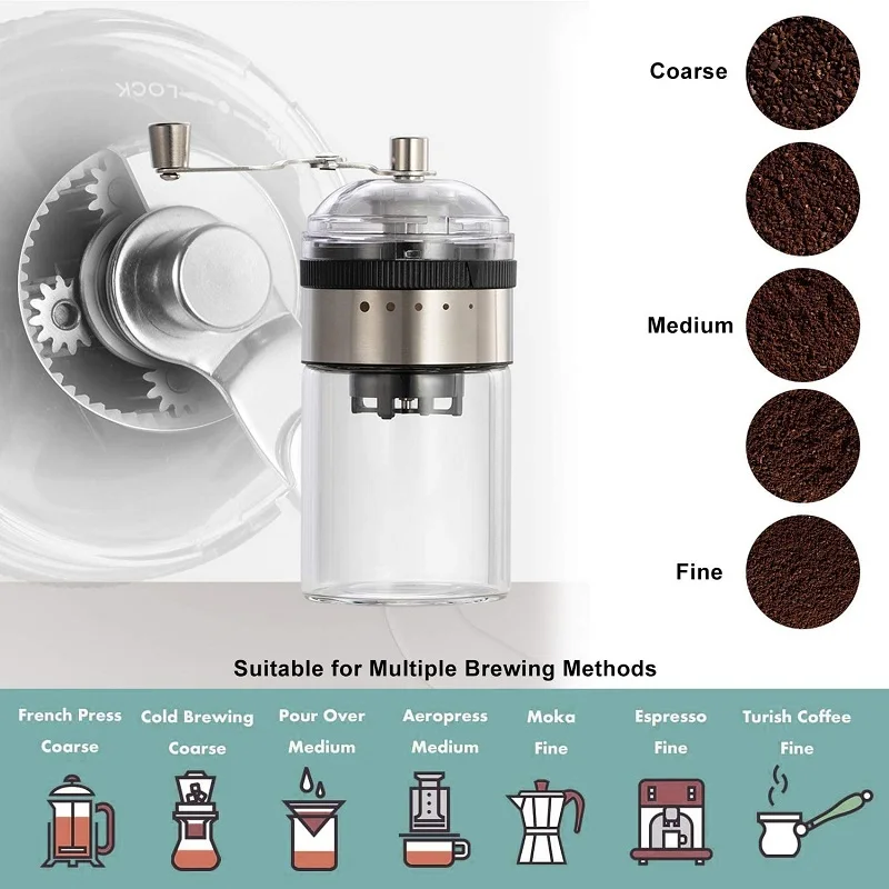 

Manual Coffee Bean Grinder Portable Hand Crank Ceramic Conical Burr Mill Coarseness Adjustable for Espresso French Cold Brew