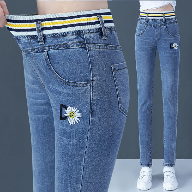

Women Spring Autumn High Waist Jeans Female Loose Casual Straight Pencil Pants Plus Size Elastic Jeans Trouser KK0127
