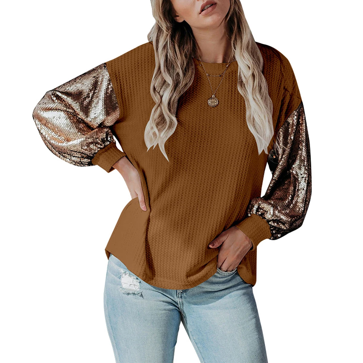 

Womens Sequins Stitching Sweater Loose Long Sequins Sleeve Solid Color Pullover Cardigan Autumn and Winter Jumper