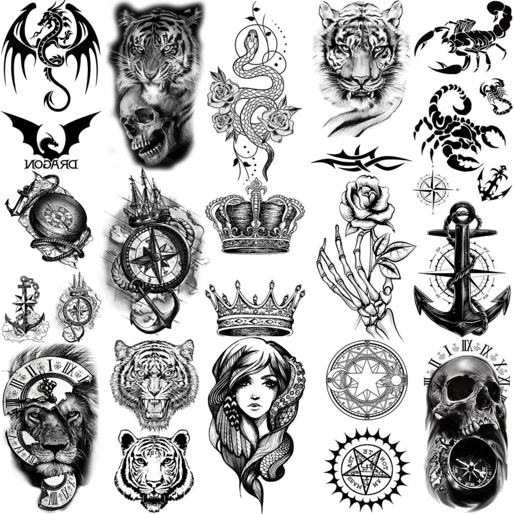 

3D Crown Anchor Compass Temporary Tattoos For Women Men Tiger Lion Skull Scorpion Dragon Fake Tattoo Hand Arm Neck Tatoo Sticker