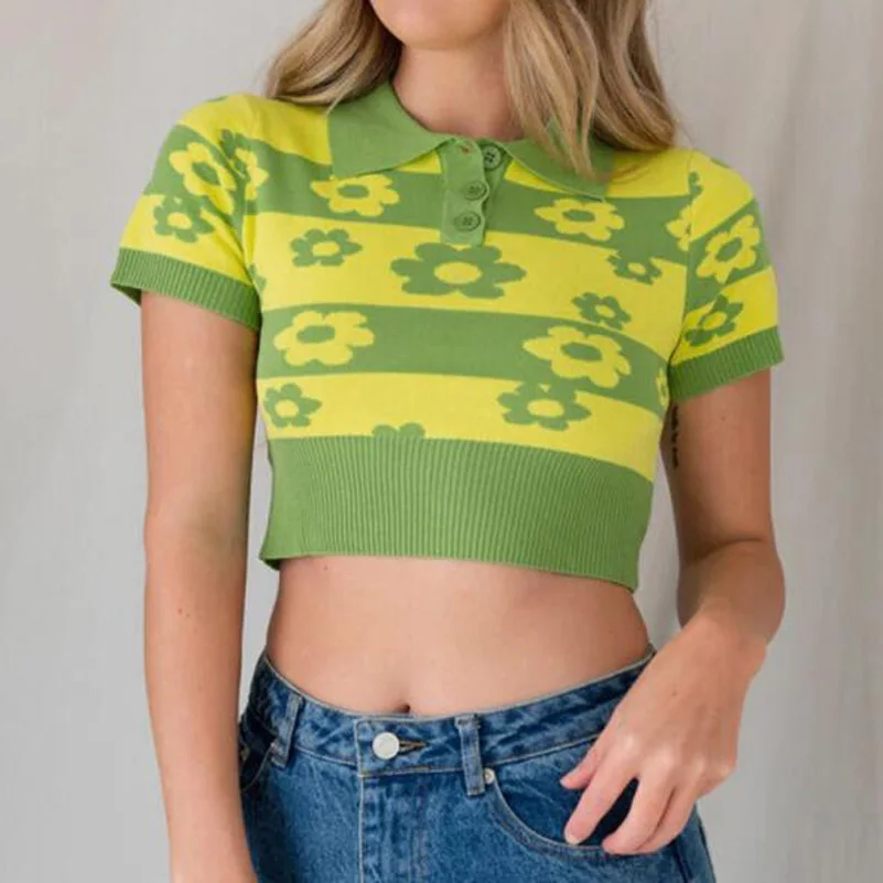 

Cultiseed Women European Sweet Cute Floral Print Knitted Turn Down Collar T-Shirts Tops Ladies New Short Sleeve Short Tees