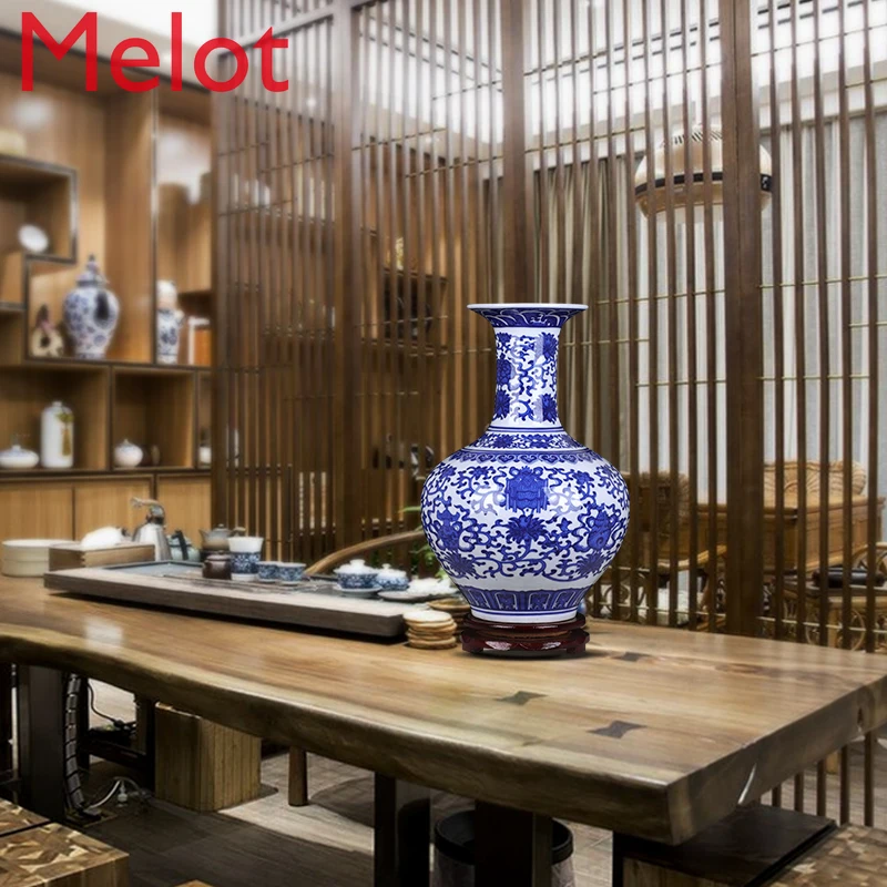 

Ceramic Antique Blue and White Porcelain Flower Arrangement Vase Chinese Ornaments Simple Home Accessories Living Room Crafts