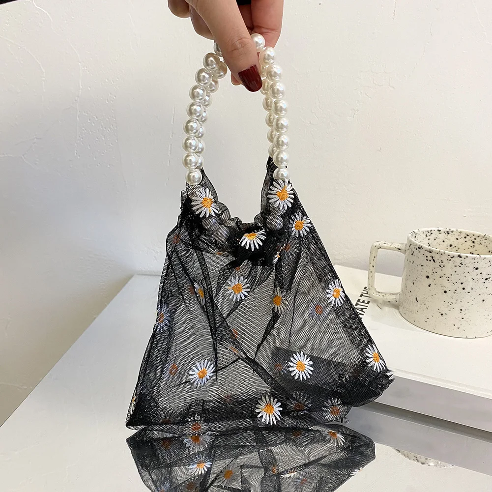 

Fashion Daisy Embroidery Pearl Chain Purse Casual Ladies Top-handle Handbags Female Street Travel Shopping Pouch