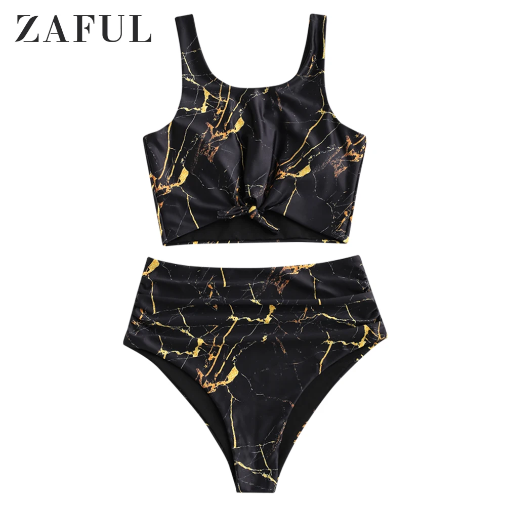 

ZAFUL Women Swimwear Knot Marble Print High Waisted Tankini Swimsuit Bathing Suits Summer Crop Top Bikini Set Female Beach Wear