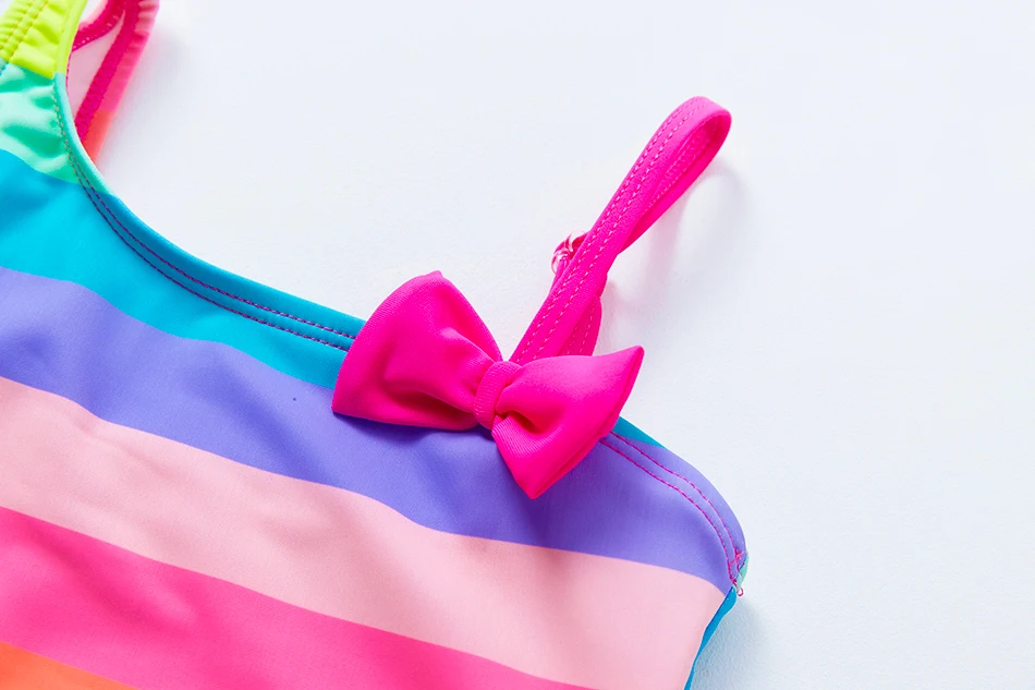 2021 Girls Swimsuit One Piece Oblique Shouldered 5-14years Striped Swimwear For Children With Bow | Спорт и развлечения