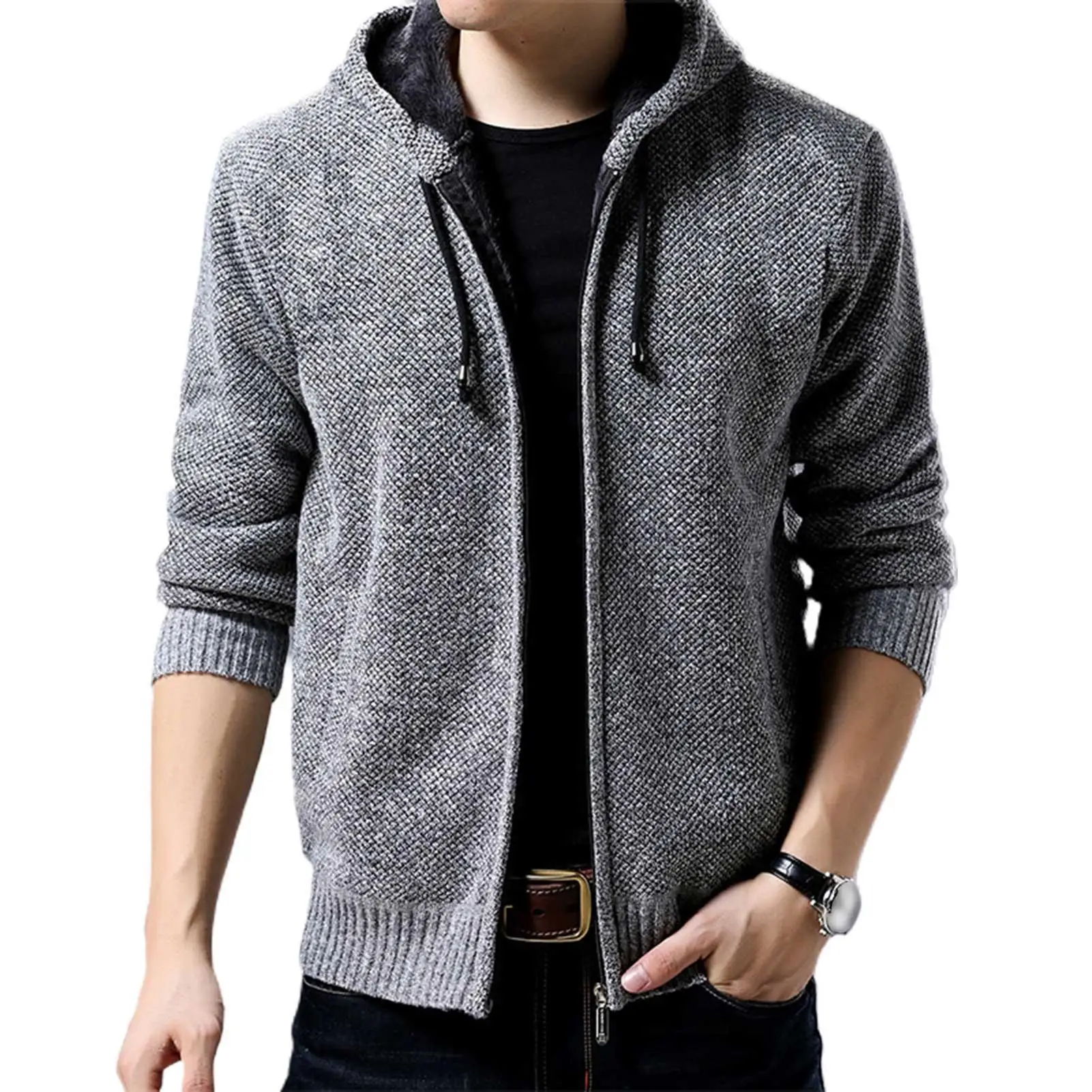 

Fashion Men Autumn Winter Long Sleeve Plush Liner Zip Pockets Knitted Hooded Coat Jacket Knit Outwear Coat Sweater Male Clothing