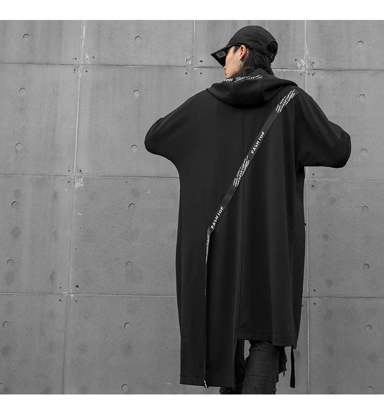 Autumn winter men asymmetric design ribbons patchwork hip hop punk rock trench coat male korean long cardigan vintage jackets | Мужская