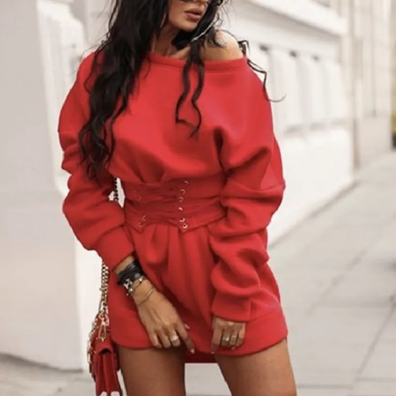 

Bikoles 2021 Autumn Winter New Fashion Sexy Casual O Neck Long Sleeve Loose Solid Empire Belt Women Sweatshirt Dress Lady Basic