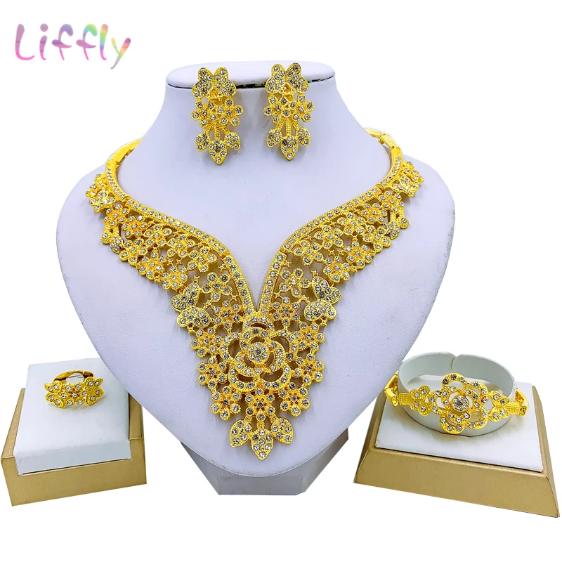 

Liffly Bridal Fashion Dubai Jewelry Sets Gold Wedding Flower Necklace Earrings Bracelet Ring Women Costume Jewelry Set