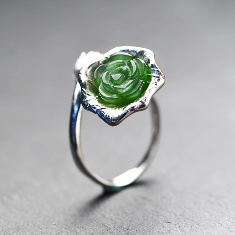 

FNJ 925 Silver Ring for Women Jewelry 100% Original Pure S925 Sterling Silver Rings Rose Flower Heitan Jade
