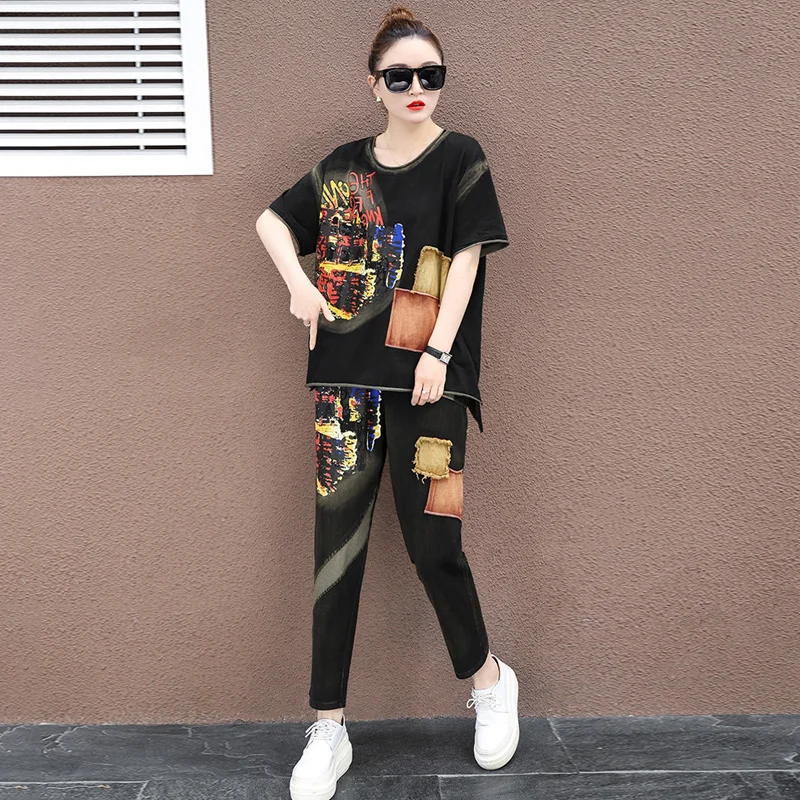 Комплект из 2 предметов футболка модный спортивный костюм Женская Корейская