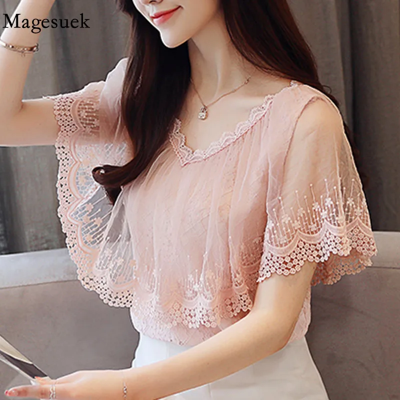 

Блузка женская кружевная, с V-образным вырезом и коротким рукавом, 2020, 30